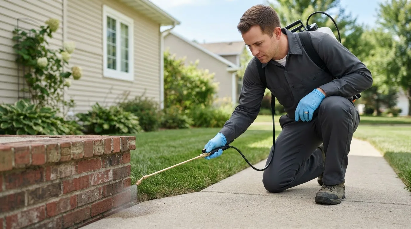 Pest control technician treating a home near Falkville, AL