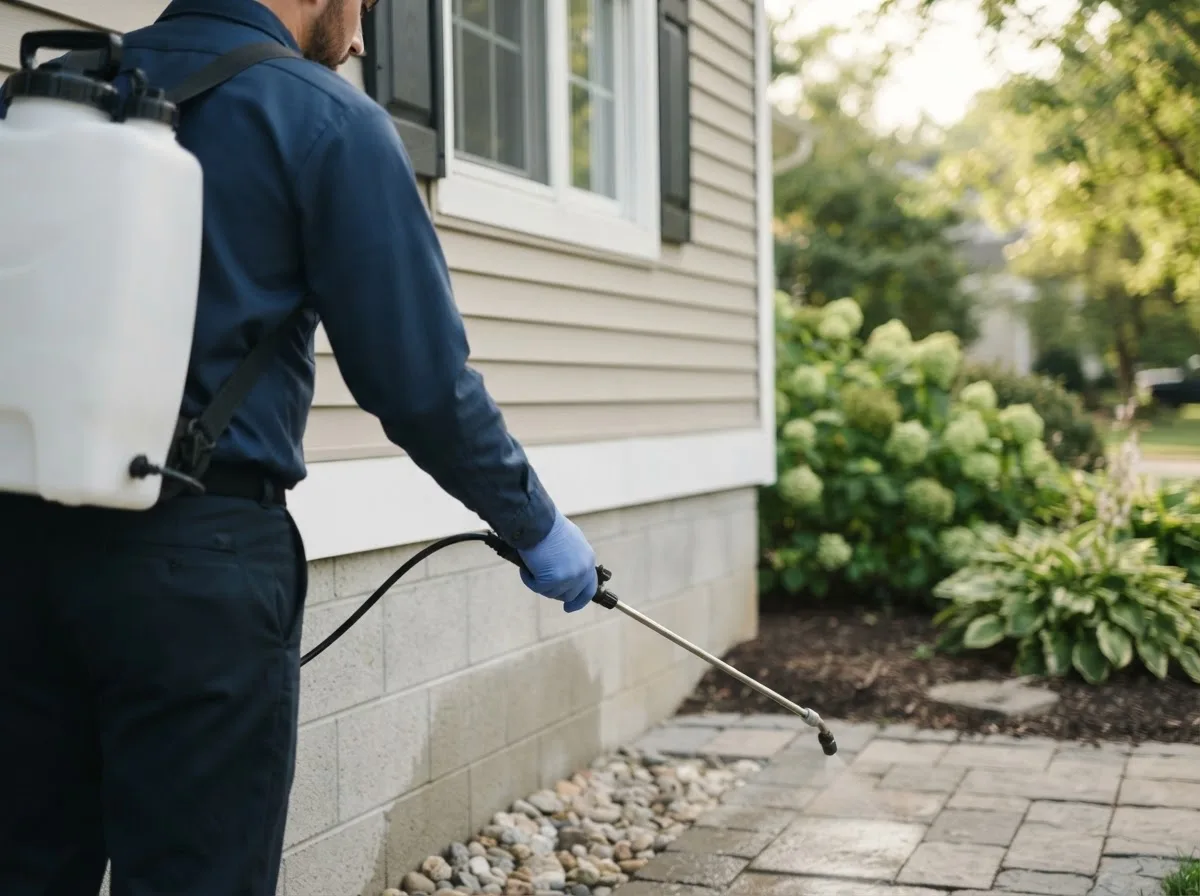 Pest control technician inspecting a home in Falkville, AL